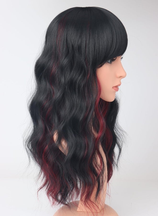 SYMEIW Burdundy-Black Hair Wavy Wigs With Bangs For Women Synthetic Black Hair With Red Undertones Wigs For Daily Use Everyday Wear. - Image 5